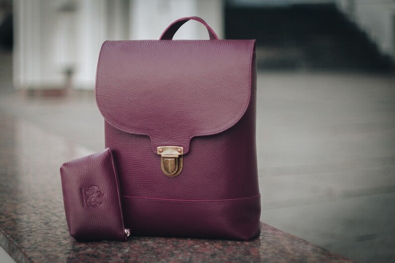 Backpack women minimalist Burgundy leather backpack women Laptop rucksack womens Birthday gift her handmade