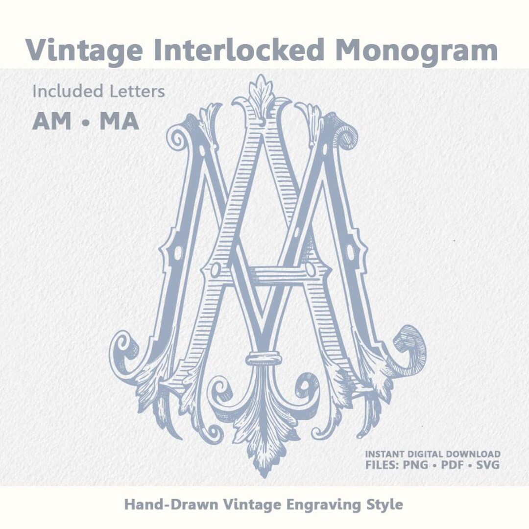 Vintage Interlocked Monogram MA AM, Hand-drawn Engraving Style (digital ...