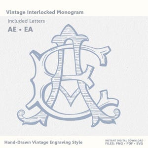 Vintage Interlocked Monogram AE EA | Wedding Monogram | Hand-Drawn Engraving Style (Digital Download)