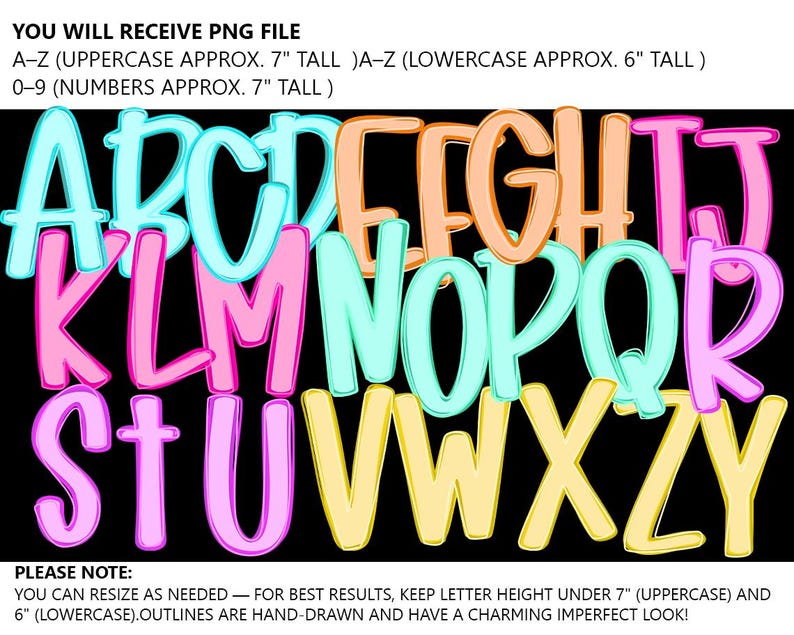 Doodle Alphabet PNG Bundle – 6 Colors, Bow & Handwritten Font (digital ...