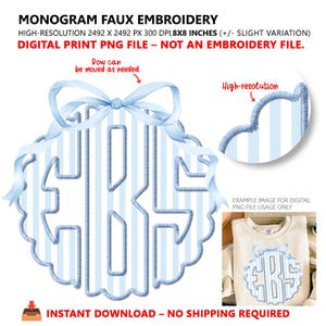 Blue Stripe Monogram PNG | Faux Embroidery, Bow Detail (Digital Download)