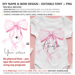 Puede incluir: Un diseño digital que presenta un lazo rosa de acuarela con una cinta. El diseño incluye un cuadro de texto para agregar un nombre, como "Amelia". El diseño es compatible con Cricut, Photoshop, Procreate, Silhouette y más.