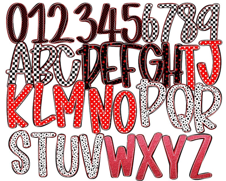 Printable Team Letters Team Spirit Doodle Letters: Black & Red Alphabet PNG Set (digital ...