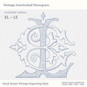 Monograma entrelazado vintage, iniciales de boda EL LE, SVG PNG PDF, descarga digital instantánea