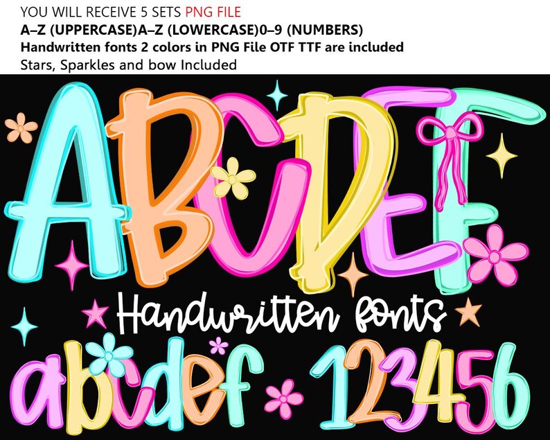 Doodle Alphabet PNG Bundle – 6 Colors, Bow & Handwritten Font (digital ...