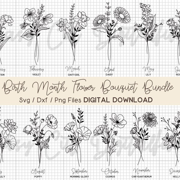 Birth Month Flower Bouquet hand drawn Bundle Svg ,Birth Flower Svg tattoo,16oz Libby Can Beer,Png,svg files for Cricut Files Digital Downloa