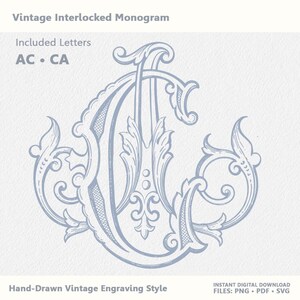 Vintage sammankopplande AC CA-monogram - Handritade bröllopsinitialer (SVG, PNG, Pdf)
