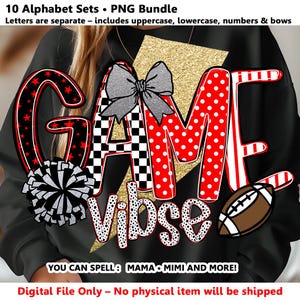 Puede incluir: Un paquete PNG digital con las palabras "GAME VIBES" en un diseño colorido. Las letras están decoradas con patrones como estrellas, lunares y rayas. Incluye un balón de fútbol, un pompón y un lazo. El texto dice "YOU CAN SPELL: MAMA • MIMI AND MORE!"