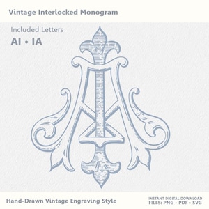 Puede incluir: Un diseño de monograma vintage entrelazado azul claro con las letras AI e IA. El diseño está dibujado a mano en un estilo de grabado vintage. La imagen incluye el texto "Vintage Interlocked Monogram" y "Hand-Drawn Vintage Engraving Style."