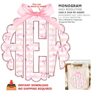 Gekritzel-Monogramm und rosa Bögen - vollständiges Alphabet-Monogramm PNG, benutzerdefinierte Namensinitialen, Girly rosa ästhetischer koketter Stil