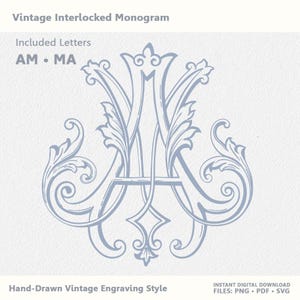 Monogramme de mariage |  Monogramme entrelacé vintage MA AM | Initiales florales victoriennes (téléchargement numérique)