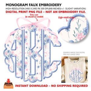 Grandmillennial Blumenmonogramm PNG | Niedliches Schleifen-Vintage Faux Stickerei Monogramm | Frühling Pastell Monogramm Cottagecore Ästhetik PNG