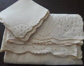 Vintage Madeira Yellow Linen Tablecloth Napkins Governors Estate Square Eyelit Butter Yellow Wedding Farmhouse Shabby Chic