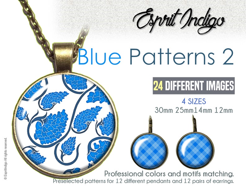 Digital Collage Sheet download Blue Patterns 2 Theme 30mm 25mm 14mm 12mm Round Images for cabochons jewelry making pendants earring
