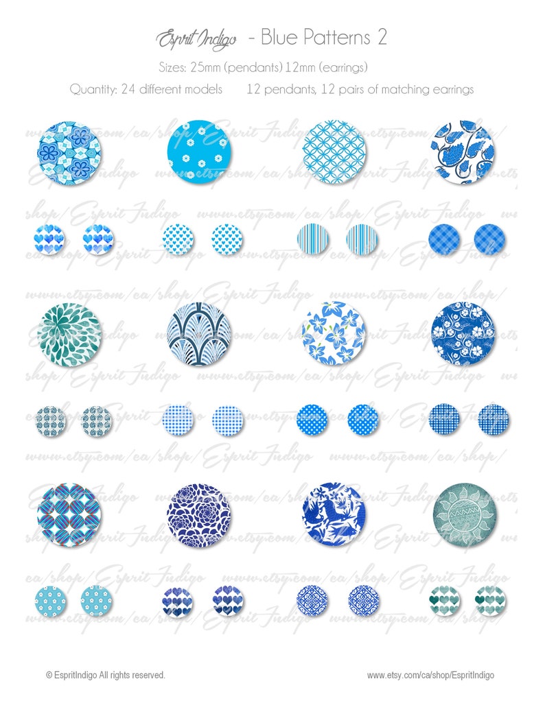Digital Collage Sheet download Blue Patterns 2 Theme 30mm 25mm 14mm 12mm Round Images for cabochons jewelry making pendants earring