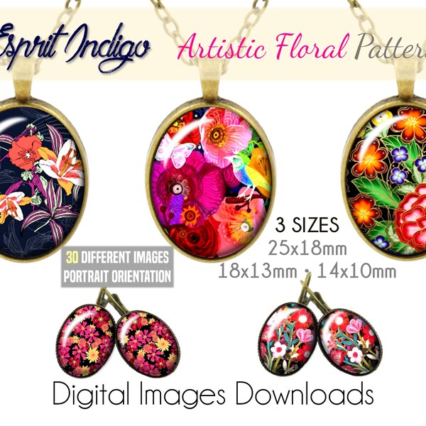 Digital Collage Sheet Download Artistic Floral Patterns 18x25mm 13x18mm 10x14mm Oval Images jewelry making cabochons, Portrait Orientation