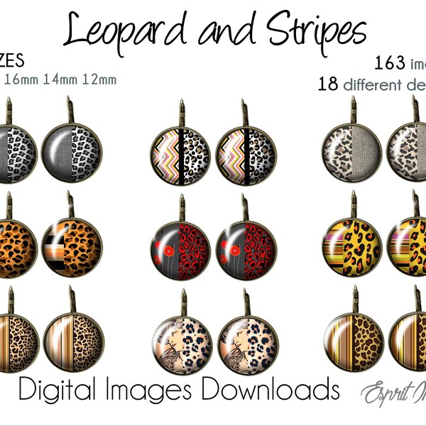 Document numérique à télécharger. Motifs de léopard et rayures  18mm 16mm 14mm 12mm Images pour fabrication bijoux cabochons  scrapbooking