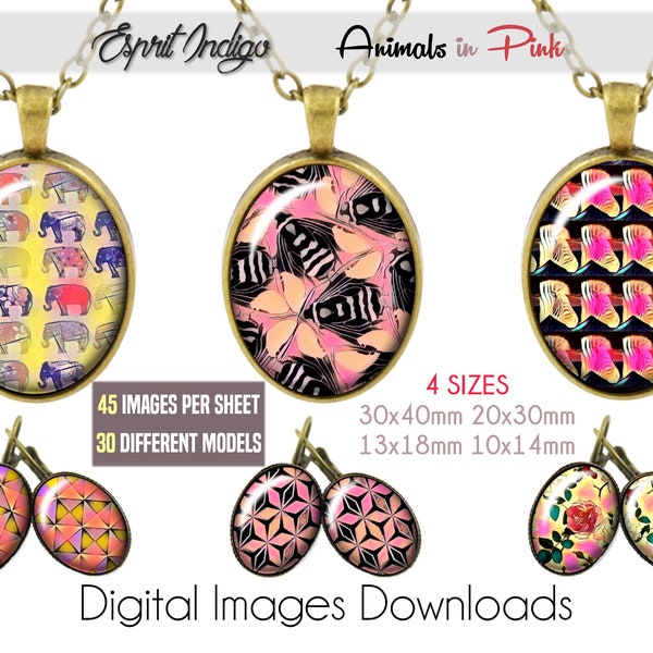 Digitale collage blad downloaden dieren in roze 30x40mm 20x30mm 13x18mm 10x14mm ovale beelden voor cabochons sieraden maken, hangers