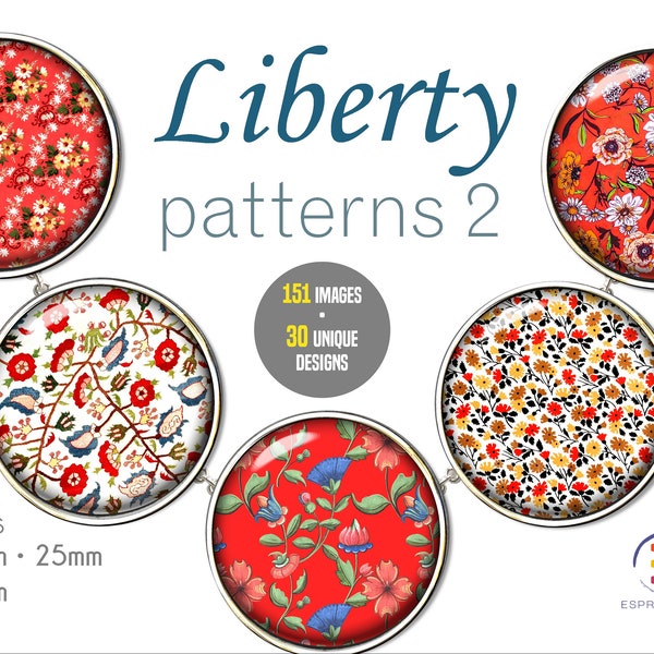 Images numériques pour bijoux cabochon : Liberty Patterns 2 • Images rondes 30 mm, 25 mm et 20 mm pour cabochons en verre, résine, épingles.