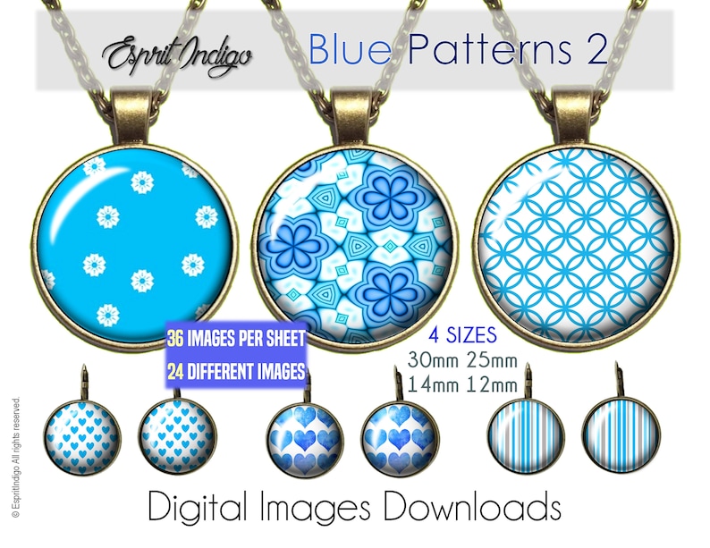 Digital Collage Sheet download Blue Patterns 2 Theme 30mm 25mm 14mm 12mm Round Images for cabochons jewelry making pendants earring