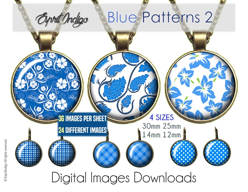 Digital Collage Sheet download Blue Patterns 2 Theme 30mm 25mm 14mm 12mm Round Images for cabochons jewelry making pendants earring