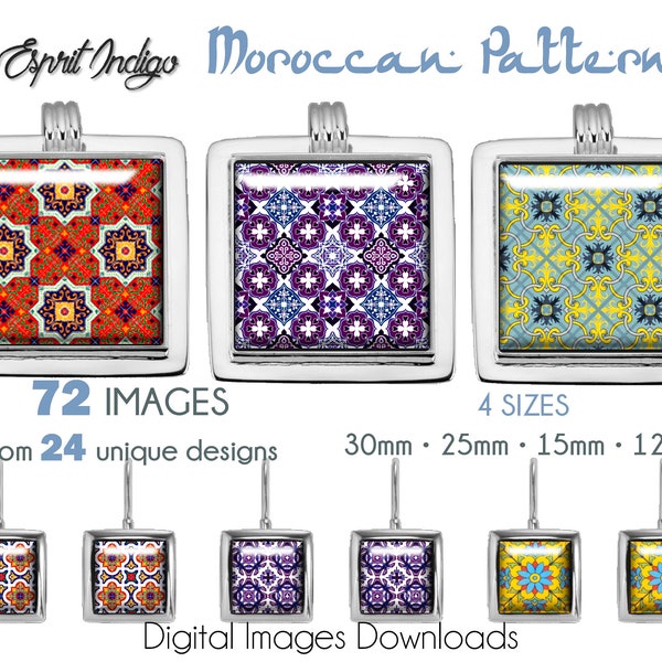 Digital Collage Sheet download Moroccan Mosaic Patterns 30mm 25mm 15mm 12mm Square Images for glass cabochons resin jewelry making pendants