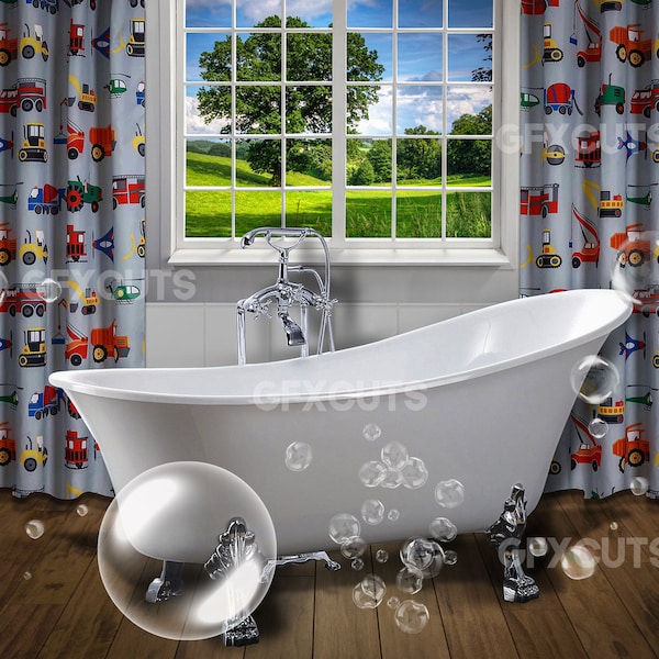 Digital Kids Bathroom Backdrop / Background Photoshop (Boys, Photography Background With Bubbles)