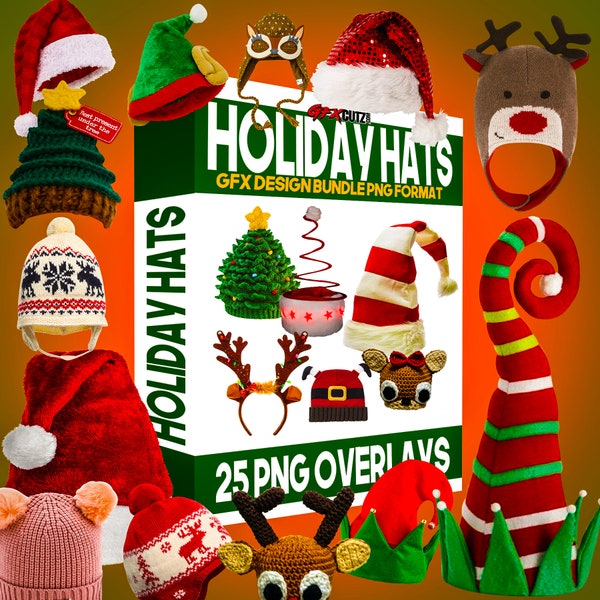 Holiday Hat Overlays in  PNG Format - Christmas Hats, Santa Hat Overlay, Clip Art, Reindeer Hat, Elf, Photo Clip Art, Christmas Overlays
