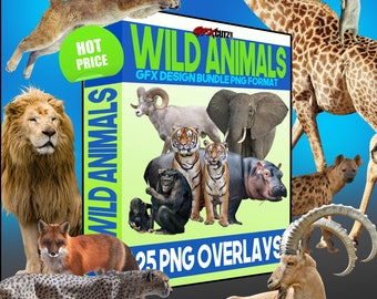 Wild Animal Photoshop Overlays, In PNG format Great For Digital Art, Backgrounds, Backdrops - Monkey, Lion, Elephant, Goat, Tiger, Cheetah