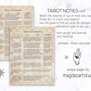 Może przedstawiać: Przewodnik po odczytywaniu kart tarota z beżowym tłem i czarno-białą ilustracją oka w dłoni. Tekst "Tarot Notes vol. 1" znajduje się na g&oacute;rze strony. Tekst "Jakie jest znaczenie dw&oacute;ch lub więcej as&oacute;w, dw&oacute;jek, tr&oacute;jek itp. w odczytywaniu kart tarota?" znajduje się pod tytułem. Tekst "Skorzystaj z tego przewodnika, aby dowiedzieć się, co chcą ci powiedzieć kombinacje wielu kart." znajduje się pod pytaniem. Tekst "znaczenia kart zar&oacute;wno w pozycji pionowej, jak i odwr&oacute;conej" znajduje się w środku strony. Tekst "do wydrukowania - natychmiastowe pobranie" znajduje się pod znaczeniami kart. Tekst "unikalne strony autorstwa magdasartstudio" znajduje się na dole strony.