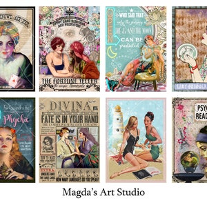 Digital collage sheet, ATC, fortune telling, fortune teller, digital cards, tarot cards, palmistry, fortune teller sign, ETQ18 , printable