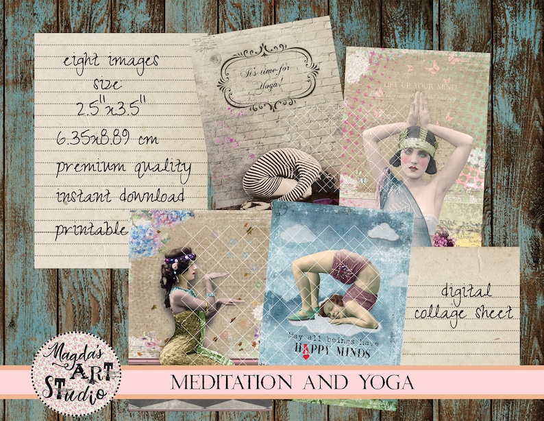 digital collage sheet vintage meditation ACEO printable vintage yoga instant download Yoga and Meditation ATC digital cards E31