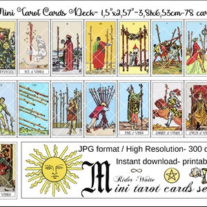 Mini tarot kaarten dek, afdrukbaar, Rider- Waite tarot kaarten dek, tarot waarzeggerij, mini tarot kaarten, instant download