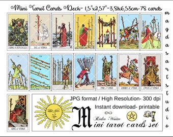 Mini tarot cards deck, printable, Rider- Waite tarot cards deck, tarot divination, mini tarot cards, instant download