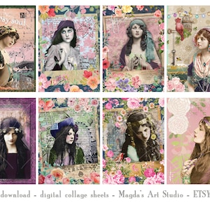 Feuille de collage numérique, ATC, gitans, gitans vintage, boho, cartes numériques, ETQ20, 2,5x3,5 pouces, téléchargement instantané, imprimable