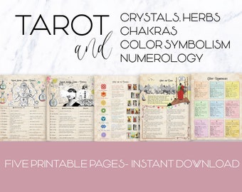 Tarot Notes Vol.5, printable pages, tarot, tarot, crystals and herbs correspondences, tarot and color, numerology, chakras, instant download