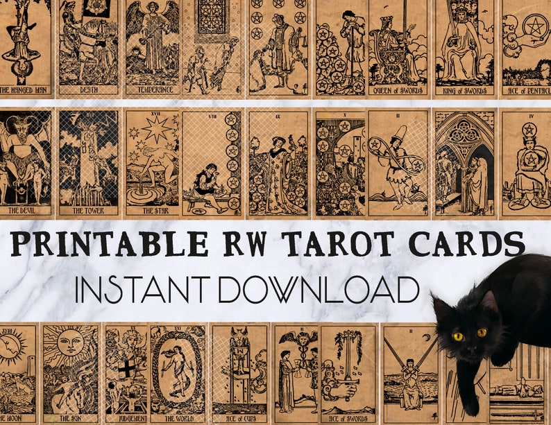 May include: Printable Rider Waite Tarot cards on a brown background with the text "Printable RW Tarot Cards Instant Download". A black cat is in the lower right corner of the image.