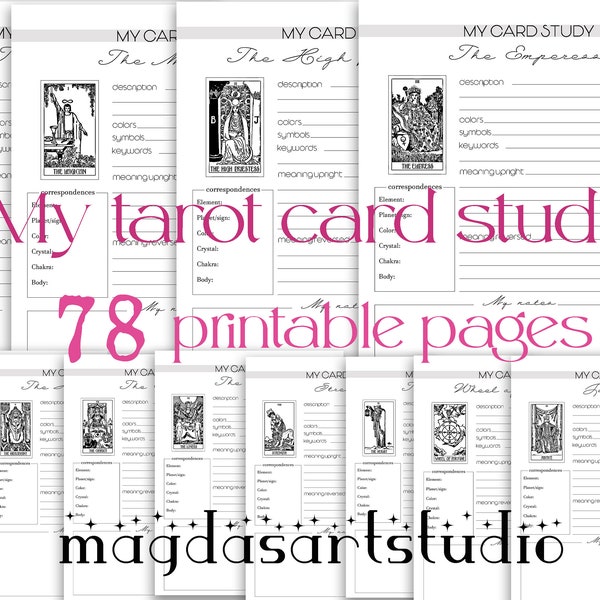 Tarot journal, tarot card study sheets, printable pages, 78 sheets tarot for beginners,  instant download