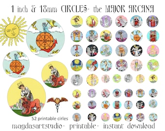 Circles 1", circles 0.7", 25.4 mm - 18mm,  tarot cards, major arcana,  collage sheet, cabochon, jewelry making, printable, instant download