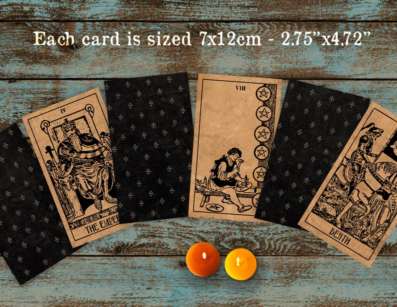 May include: A set of tarot cards with black and brown backgrounds. The cards feature illustrations of a king on a throne, a man working with tools, and a skeletal figure with a scythe. The text on the cards reads "IV THE EMPER", "VIII", and "DEATH". Each card is 2.75 inches by 4.72 inches.