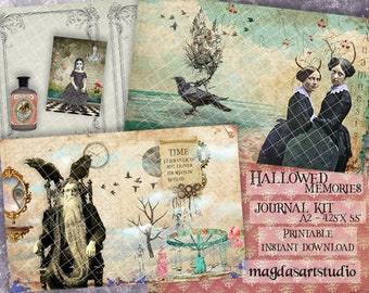 Printable Journal Kit, "Hallowed Memories",  printable journal pages, A2, digital collage sheets,  junk journal, instant download