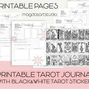 Tarot Journal afdrukbare pagina's, tarotdek zwart & wit, tarotstickers, drie dagelijkse kaarten, tarotwerkblad, tarotspreiding, instant download
