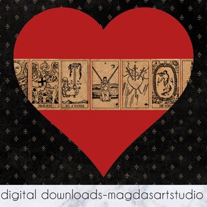 May include: A red heart with a black background. The heart contains a collage of tarot cards, including Judgement, Six of Swords, The World, and others. The cards are in a vintage style with black and white illustrations.