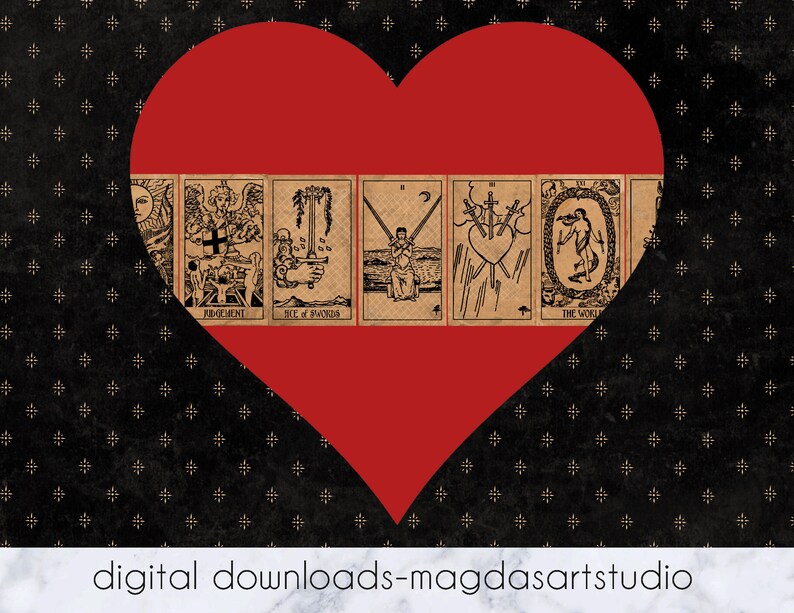 May include: A red heart with a black background. The heart contains a collage of tarot cards, including Judgement, Six of Swords, The World, and others. The cards are in a vintage style with black and white illustrations.
