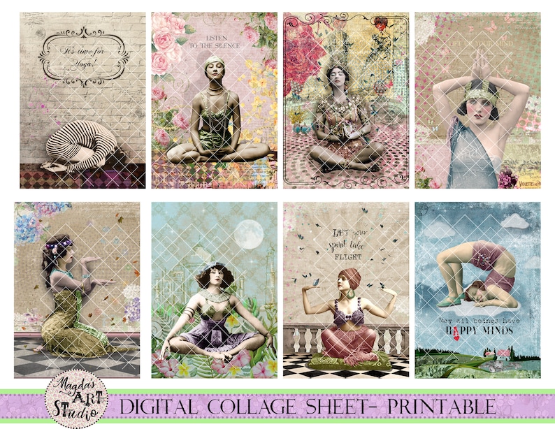 digital collage sheet vintage meditation ACEO printable vintage yoga instant download Yoga and Meditation ATC digital cards E31