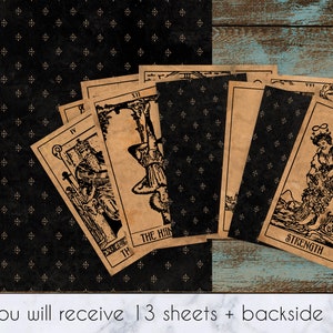 May include: A set of 13 tarot cards with vintage illustrations on a brown background. The cards feature images of the Emperor, The Hanged Man, and Strength.