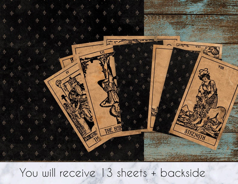 May include: A set of 13 tarot cards with vintage illustrations on a brown background. The cards feature images of the Emperor, The Hanged Man, and Strength.