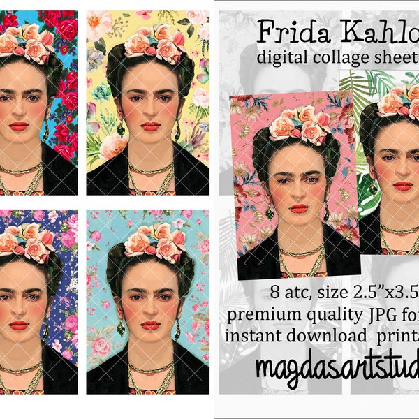 Frida Kahlo, digital collage sheet, atc, 2.5"x3.5", digital art, aceo, instant download, printable