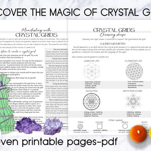 Puede incluir: Una guía imprimible titulada "Descubre la magia de las rejillas de cristal" con texto e ilustraciones. La guía incluye información sobre rejillas de cristal, geometría sagrada y cómo crear una rejilla. La imagen también muestra cristales, salvia y velas.