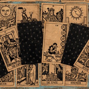 May include: A vintage tarot card deck with images of the Emperor, Death, Strength, The Tower, The Hermit, and The Sun. The cards are printed on brown paper with black ink and have a worn, antique look.